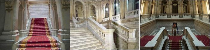 Tres panorámicas de la escalera imperial, diseñada por Ricardo Velázquez y ubicada entre los dos lucernarios. Fotos: autores varios extraídas del...